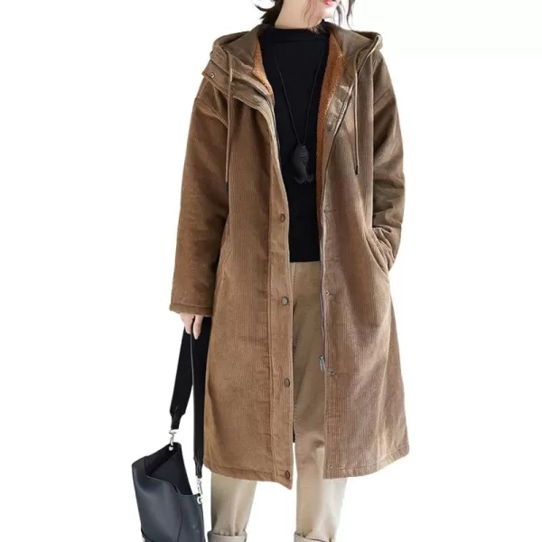 chouyatou Womens Winter Coats Sherpa Lined Hooded Midi Long Corduroy Jacket OvercoatBrown