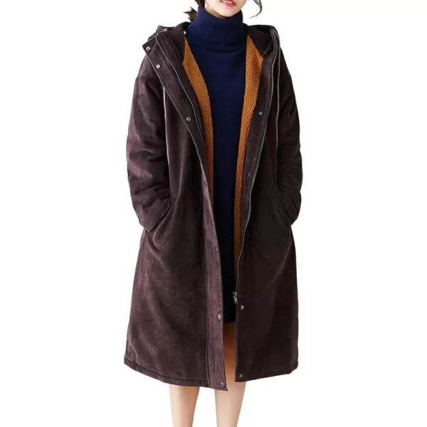 chouyatou Womens Winter Coats Sherpa Lined Hooded Midi Long Corduroy Jacket OvercoatPurplish Coffee