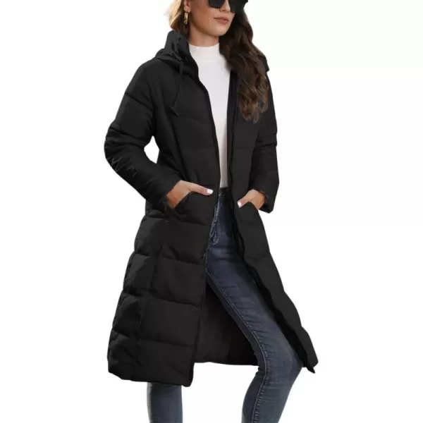 chouyatou Womens Winter Hooded Long Quilted Puffer Trench Coat Zip Up Padded Puffy Down Jacket OuterwearBlack