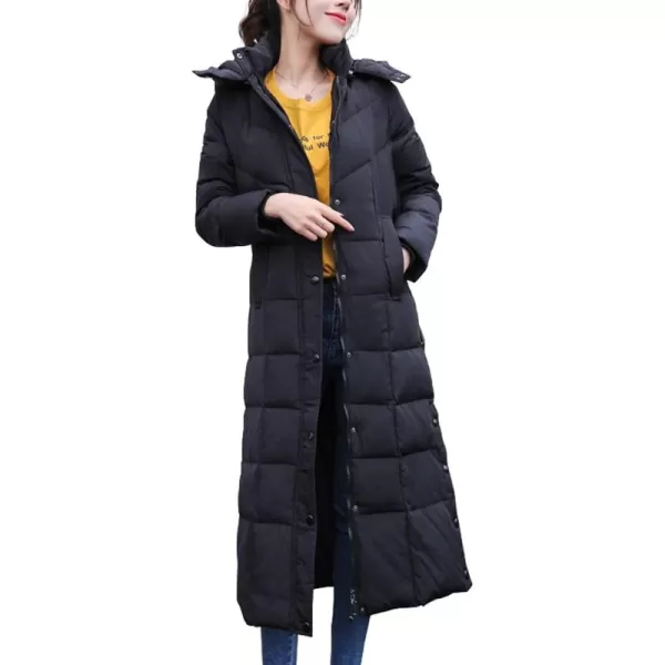 chouyatou Womens Winter Over Knee Removable Hooded Maxi Long Puffer Down CoatBlack
