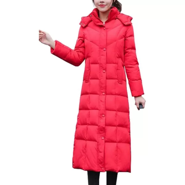 chouyatou Womens Winter Over Knee Removable Hooded Maxi Long Puffer Down CoatRed