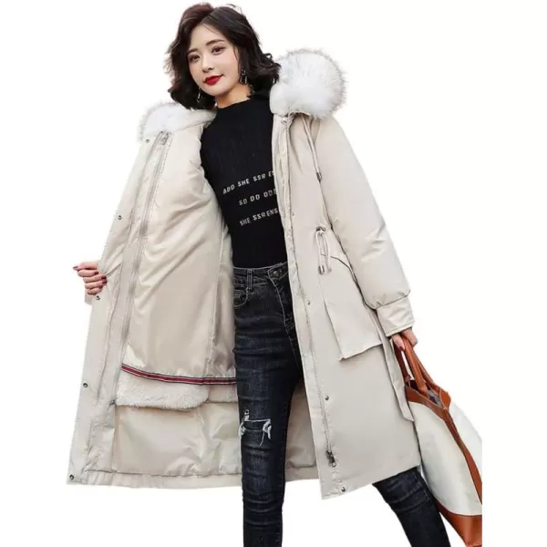 chouyatou Womens Winter Windproof Faux Fur Hood Long Parka Coat with Removable Fleece LiningBeige White