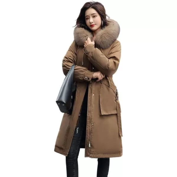 chouyatou Womens Winter Windproof Faux Fur Hood Long Parka Coat with Removable Fleece LiningCoffee