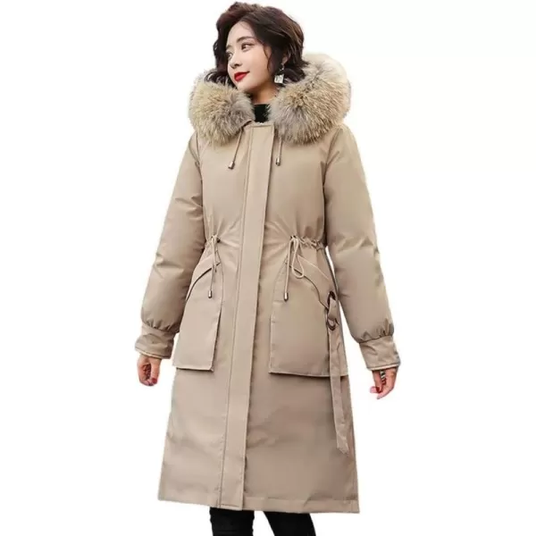 chouyatou Womens Winter Windproof Faux Fur Hood Long Parka Coat with Removable Fleece LiningKhaki
