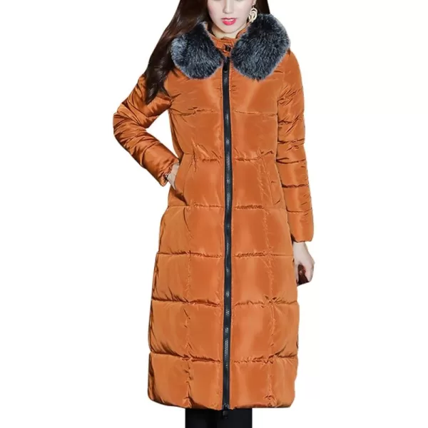 chouyatou Womens Winter Windproof Padded Long Down Alternative Coat Faux Fur HoodBrown