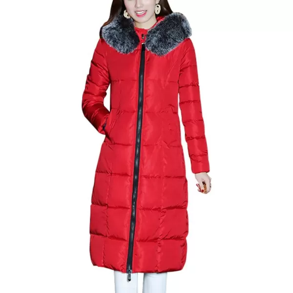 chouyatou Womens Winter Windproof Padded Long Down Alternative Coat Faux Fur HoodRed