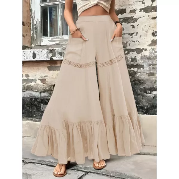 chouyatou Womens Boho Lace Eyelet Wide Leg Palazzo Pants Ruffle Hem High Waisted Culottes with PocketsApricot