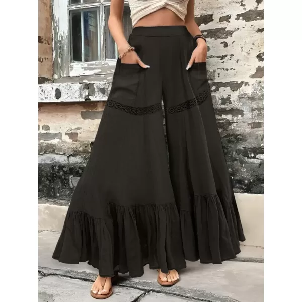 chouyatou Womens Boho Lace Eyelet Wide Leg Palazzo Pants Ruffle Hem High Waisted Culottes with PocketsBlack