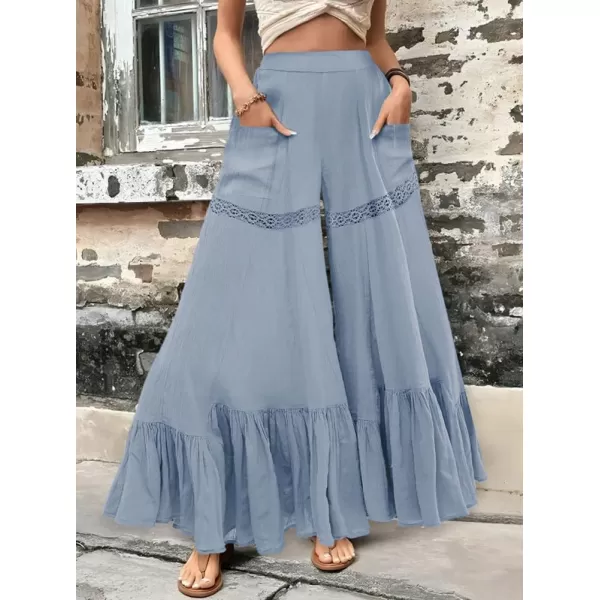 chouyatou Womens Boho Lace Eyelet Wide Leg Palazzo Pants Ruffle Hem High Waisted Culottes with PocketsBlue