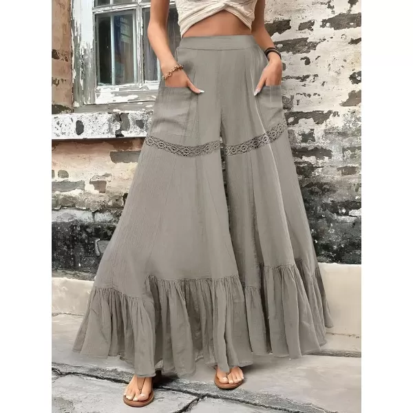 chouyatou Womens Boho Lace Eyelet Wide Leg Palazzo Pants Ruffle Hem High Waisted Culottes with PocketsGray