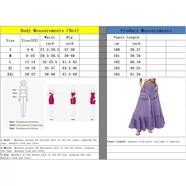 chouyatou Womens Boho Lace Eyelet Wide Leg Palazzo Pants Ruffle Hem High Waisted Culottes with PocketsPurple