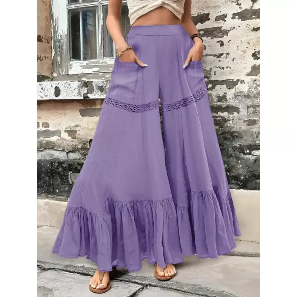 chouyatou Womens Boho Lace Eyelet Wide Leg Palazzo Pants Ruffle Hem High Waisted Culottes with PocketsPurple