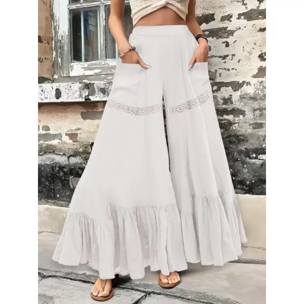chouyatou Womens Boho Lace Eyelet Wide Leg Palazzo Pants Ruffle Hem High Waisted Culottes with PocketsWhite