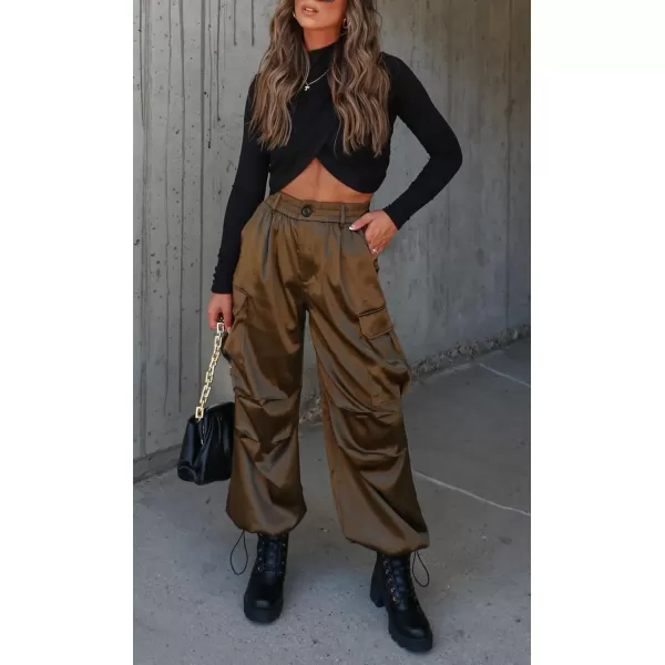 chouyatou Womens Casual Satin Cargo Pants Elastic High Waisted Jogger Parachute Pants Lounge TrousersArmy Green