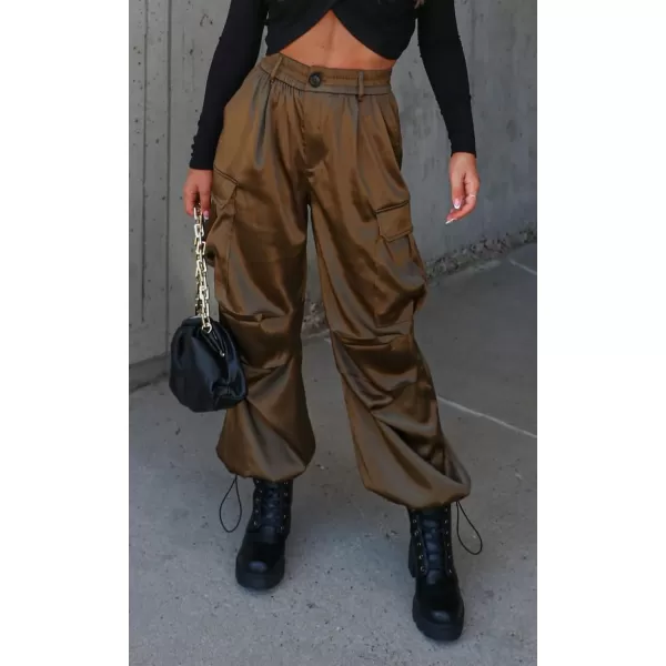 chouyatou Womens Casual Satin Cargo Pants Elastic High Waisted Jogger Parachute Pants Lounge TrousersArmy Green