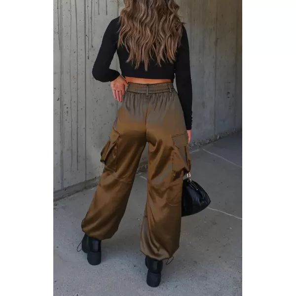 chouyatou Womens Casual Satin Cargo Pants Elastic High Waisted Jogger Parachute Pants Lounge TrousersArmy Green