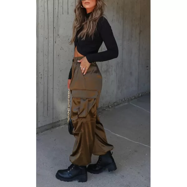 chouyatou Womens Casual Satin Cargo Pants Elastic High Waisted Jogger Parachute Pants Lounge TrousersArmy Green