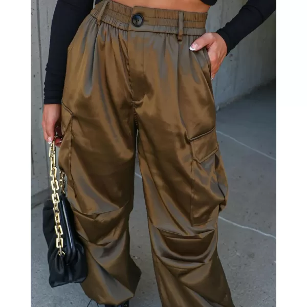 chouyatou Womens Casual Satin Cargo Pants Elastic High Waisted Jogger Parachute Pants Lounge TrousersArmy Green