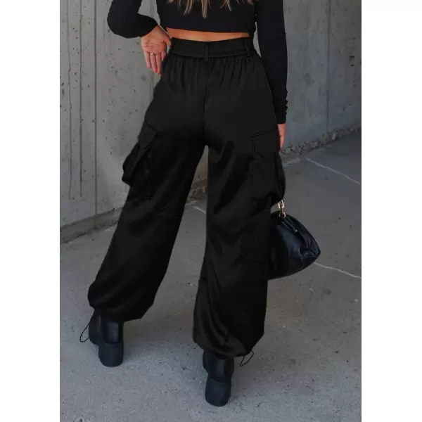 chouyatou Womens Casual Satin Cargo Pants Elastic High Waisted Jogger Parachute Pants Lounge TrousersBlack