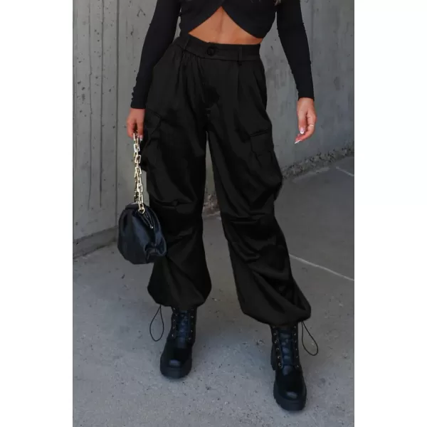 chouyatou Womens Casual Satin Cargo Pants Elastic High Waisted Jogger Parachute Pants Lounge TrousersBlack
