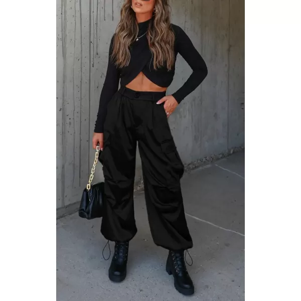 chouyatou Womens Casual Satin Cargo Pants Elastic High Waisted Jogger Parachute Pants Lounge TrousersBlack