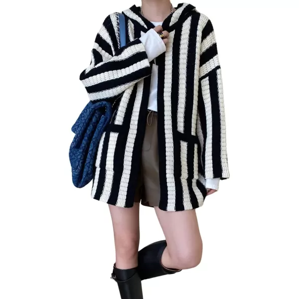 chouyatou Womens Color Block Vertical Striped Open Front Oversized Hooded Cardigan Sweater with PocketBlack White