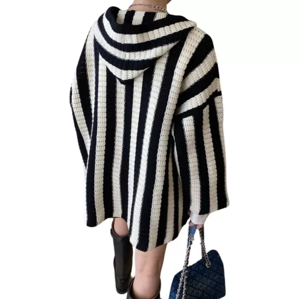 chouyatou Womens Color Block Vertical Striped Open Front Oversized Hooded Cardigan Sweater with PocketBlack White