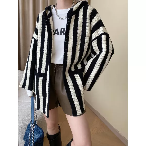 chouyatou Womens Color Block Vertical Striped Open Front Oversized Hooded Cardigan Sweater with PocketBlack White