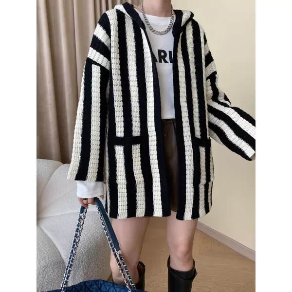 chouyatou Womens Color Block Vertical Striped Open Front Oversized Hooded Cardigan Sweater with PocketBlack White