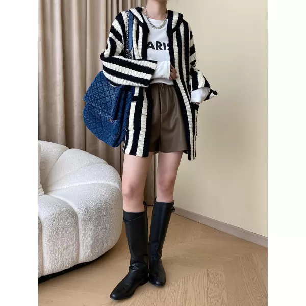 chouyatou Womens Color Block Vertical Striped Open Front Oversized Hooded Cardigan Sweater with PocketBlack White