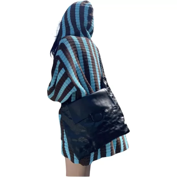 chouyatou Womens Color Block Vertical Striped Open Front Oversized Hooded Cardigan Sweater with PocketBlue