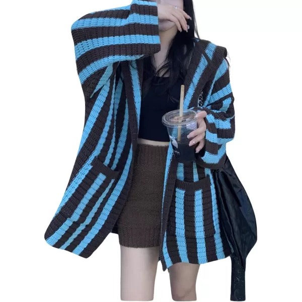 chouyatou Womens Color Block Vertical Striped Open Front Oversized Hooded Cardigan Sweater with PocketBlue