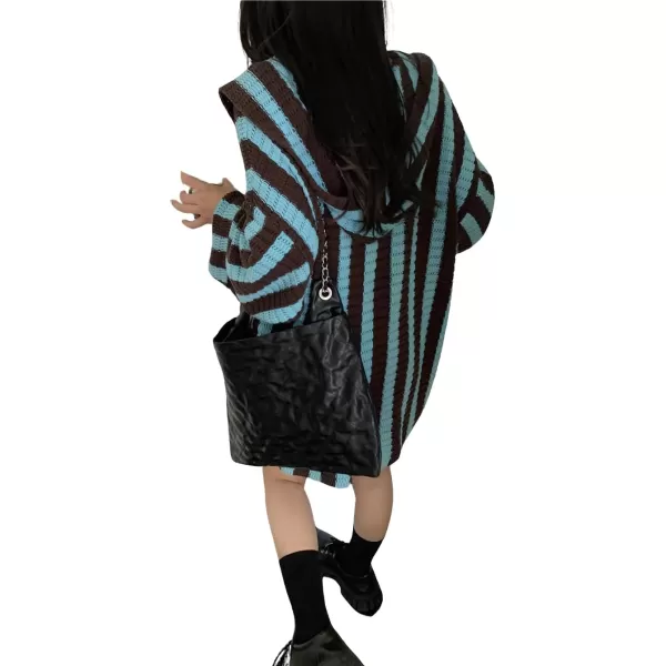 chouyatou Womens Color Block Vertical Striped Open Front Oversized Hooded Cardigan Sweater with PocketBlue