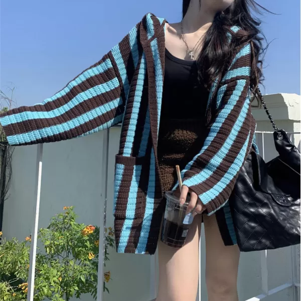 chouyatou Womens Color Block Vertical Striped Open Front Oversized Hooded Cardigan Sweater with PocketBlue