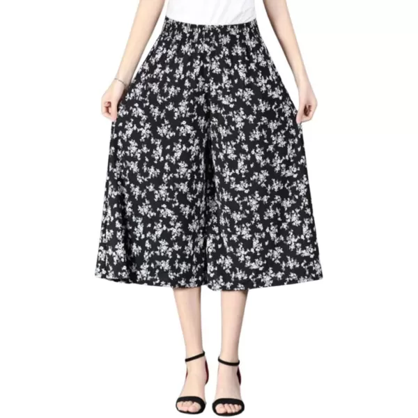 chouyatou Womens Cute Floral Printed Elastic Waist Wide Leg Capris Dressy Casual Flowy Culottes with PocketsDitsy Floral
