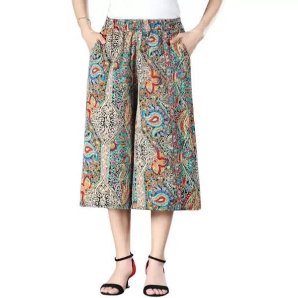 chouyatou Womens Cute Floral Printed Elastic Waist Wide Leg Capris Dressy Casual Flowy Culottes with PocketsPaisley