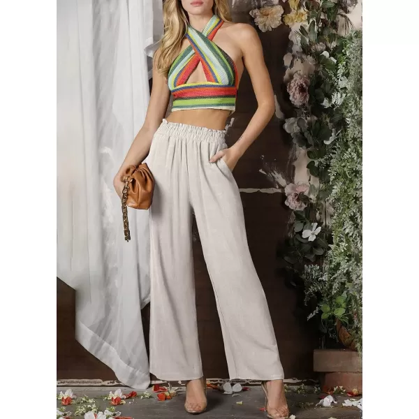 chouyatou Womens Elastic High Waist Cotton Linen Pants Wide Leg Trousers Palazzo Business Casual Work PantsApricot