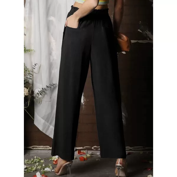 chouyatou Womens Elastic High Waist Cotton Linen Pants Wide Leg Trousers Palazzo Business Casual Work PantsBlack