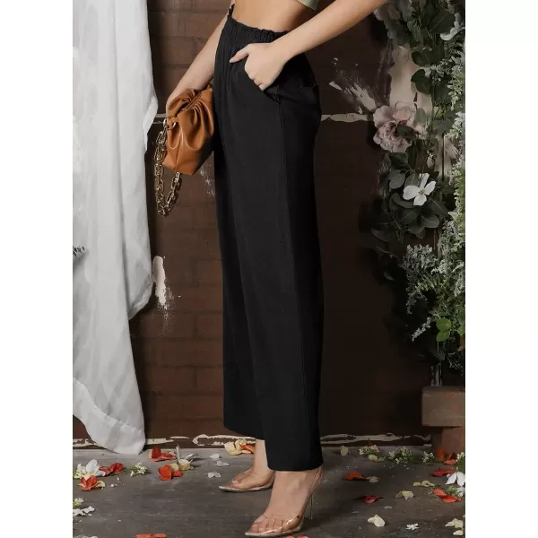 chouyatou Womens Elastic High Waist Cotton Linen Pants Wide Leg Trousers Palazzo Business Casual Work PantsBlack