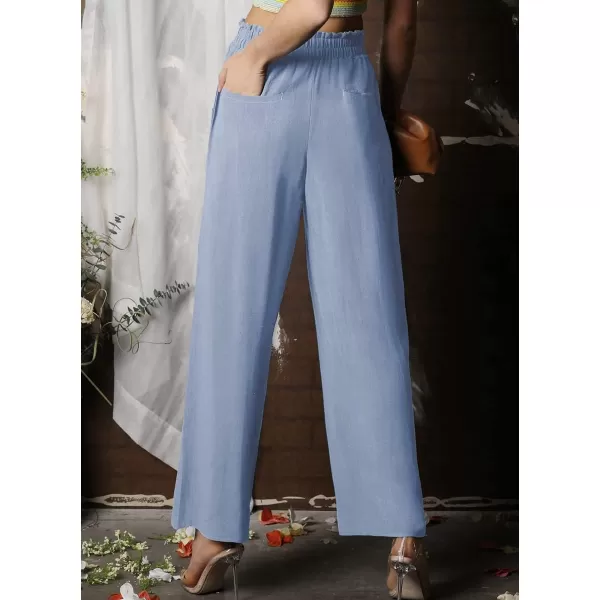 chouyatou Womens Elastic High Waist Cotton Linen Pants Wide Leg Trousers Palazzo Business Casual Work PantsBlue