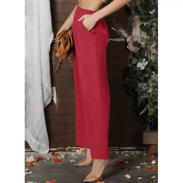 chouyatou Womens Elastic High Waist Cotton Linen Pants Wide Leg Trousers Palazzo Business Casual Work PantsRed