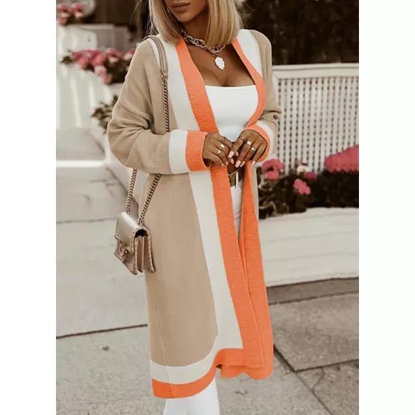chouyatou Womens Fall Color Block Open Front Cardigan Sweater Casual Loose Hooded Knitted Long Coatigan CoatOrange