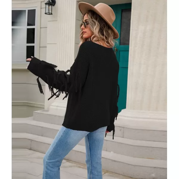 chouyatou Womens Fall Fringed Sleeve Oversized Pullover Sweater Fashion Knitted Fringe TopBlack