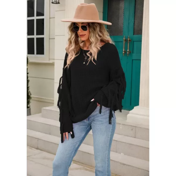 chouyatou Womens Fall Fringed Sleeve Oversized Pullover Sweater Fashion Knitted Fringe TopBlack