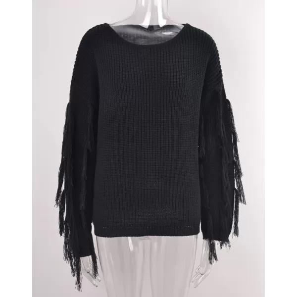 chouyatou Womens Fall Fringed Sleeve Oversized Pullover Sweater Fashion Knitted Fringe TopBlack