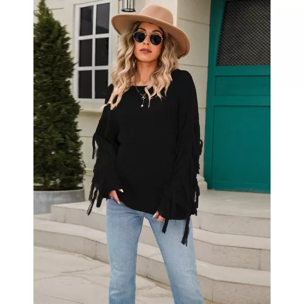 chouyatou Womens Fall Fringed Sleeve Oversized Pullover Sweater Fashion Knitted Fringe TopBlack