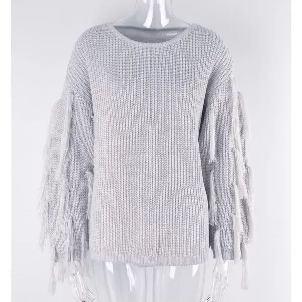 chouyatou Womens Fall Fringed Sleeve Oversized Pullover Sweater Fashion Knitted Fringe TopGrey