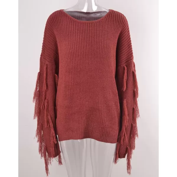 chouyatou Womens Fall Fringed Sleeve Oversized Pullover Sweater Fashion Knitted Fringe TopRust Red
