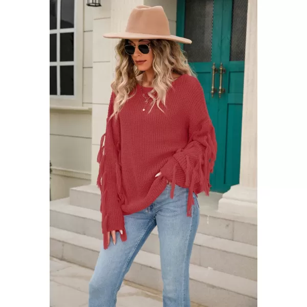 chouyatou Womens Fall Fringed Sleeve Oversized Pullover Sweater Fashion Knitted Fringe TopRust Red