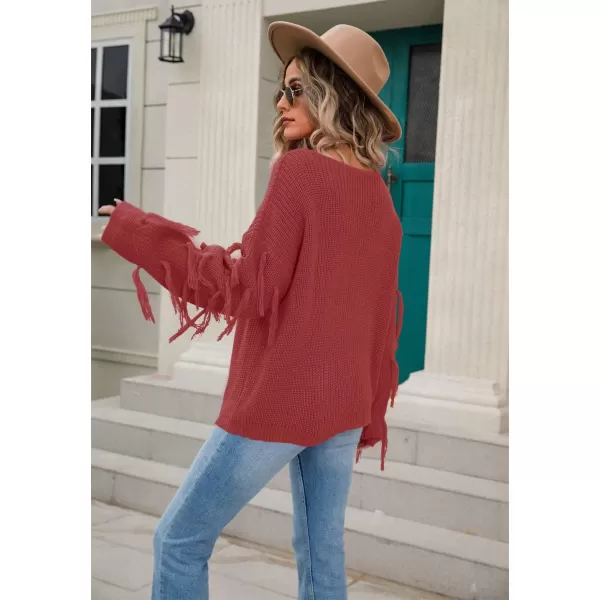 chouyatou Womens Fall Fringed Sleeve Oversized Pullover Sweater Fashion Knitted Fringe TopRust Red